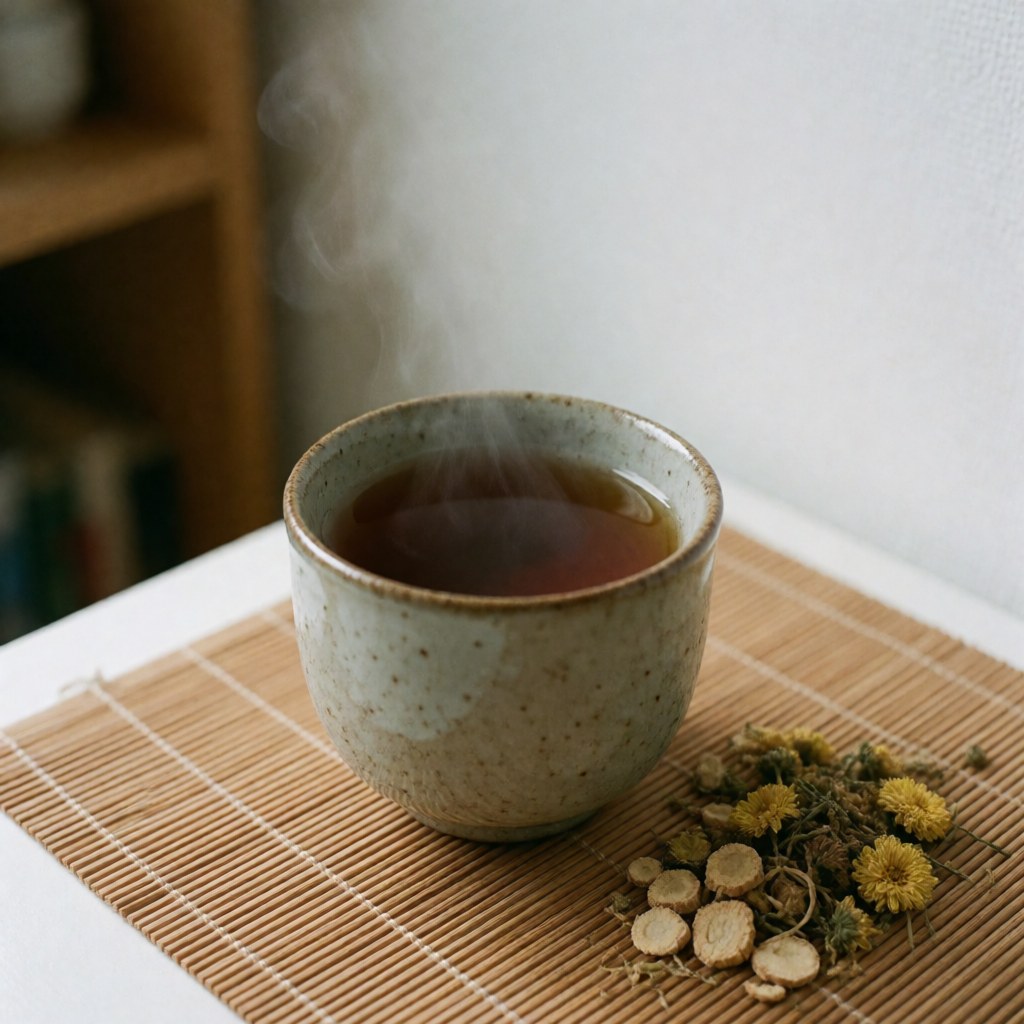 Une tasse en céramique contenant du thé aux herbes et des ingrédients secs posée sur une natte de bambou, avec de la vapeur qui s'élève sur un fond boisé flou.