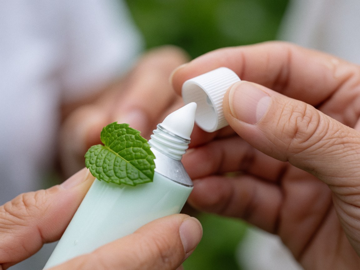 Gros plan montrant la texture onctueuse d'une crème à la menthe verte accompagnée d'une feuille fraîche posée dessus, évoquant le bien-être et les soins naturels.