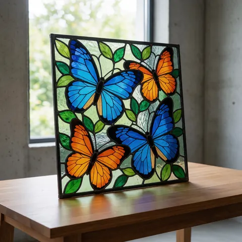 Fenêtre décorative en verre coloré avec des papillons bleus et oranges posée sur une table en bois devant un mur de béton, éclairée par la lumière naturelle.