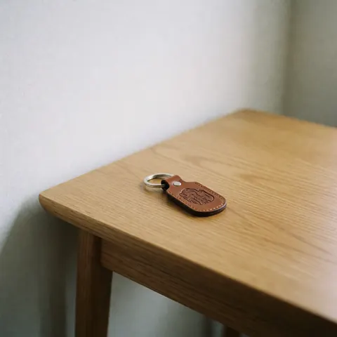 Porte-clés en cuir marron avec un motif gravé, posé sur une surface blanche, mettant en valeur le travail artisanal et la texture du matériau.