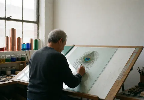 Vue arrière d'un artisan travaillant dans un atelier ordonné, dessinant un design sur une plaque de verre transparent sous une lumière naturelle.