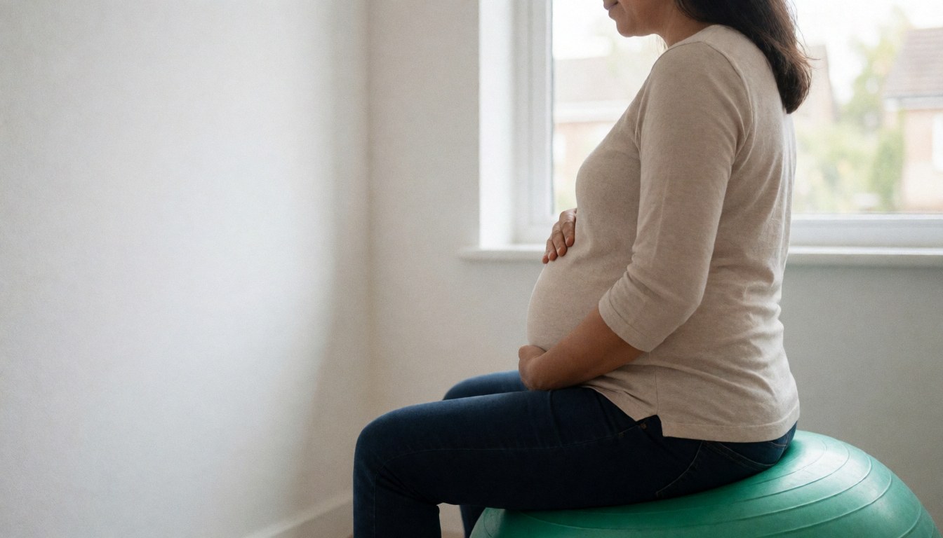 Une femme enceinte est assise sur une balle verte près d'une fenêtre avec lumière naturelle dans un intérieur calme et minimaliste.