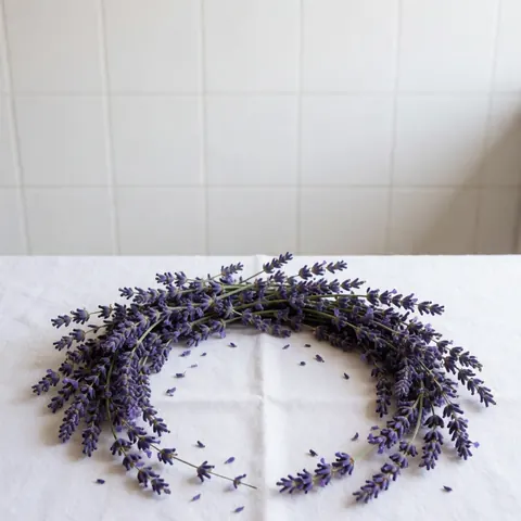 De la lavande sèche disposée en cercle sur un fond de tissu blanc avec des pétales éparpillés, idéale pour l'aromathérapie et les produits naturels.