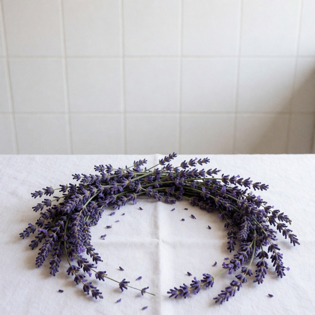 De la lavande sèche disposée en cercle sur un fond de tissu blanc avec des pétales éparpillés, idéale pour l'aromathérapie et les produits naturels.