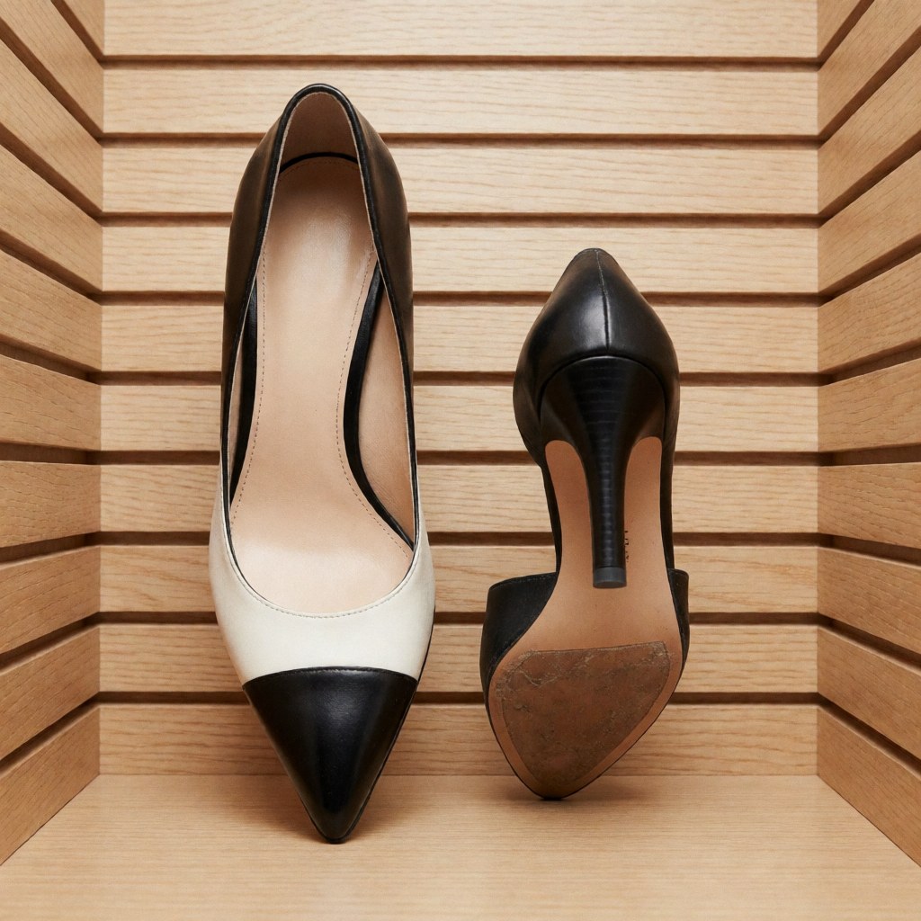 Comparaison visuelle montrant l'état initial et final d'une chaussure, mettant en évidence la rénovation ou le changement de style.