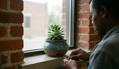 Un pot en céramique artisanale abritant une plante succulente est posé sur un rebord de fenêtre en briques, créant une ambiance calme et naturelle.