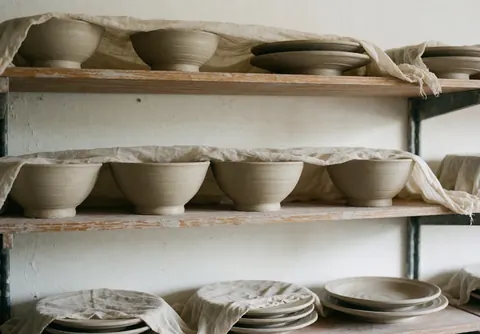 Étagères en bois supportant assiettes et tasses recouvertes de tissu, dans un espace aux murs blancs éclairé par la lumière naturelle.