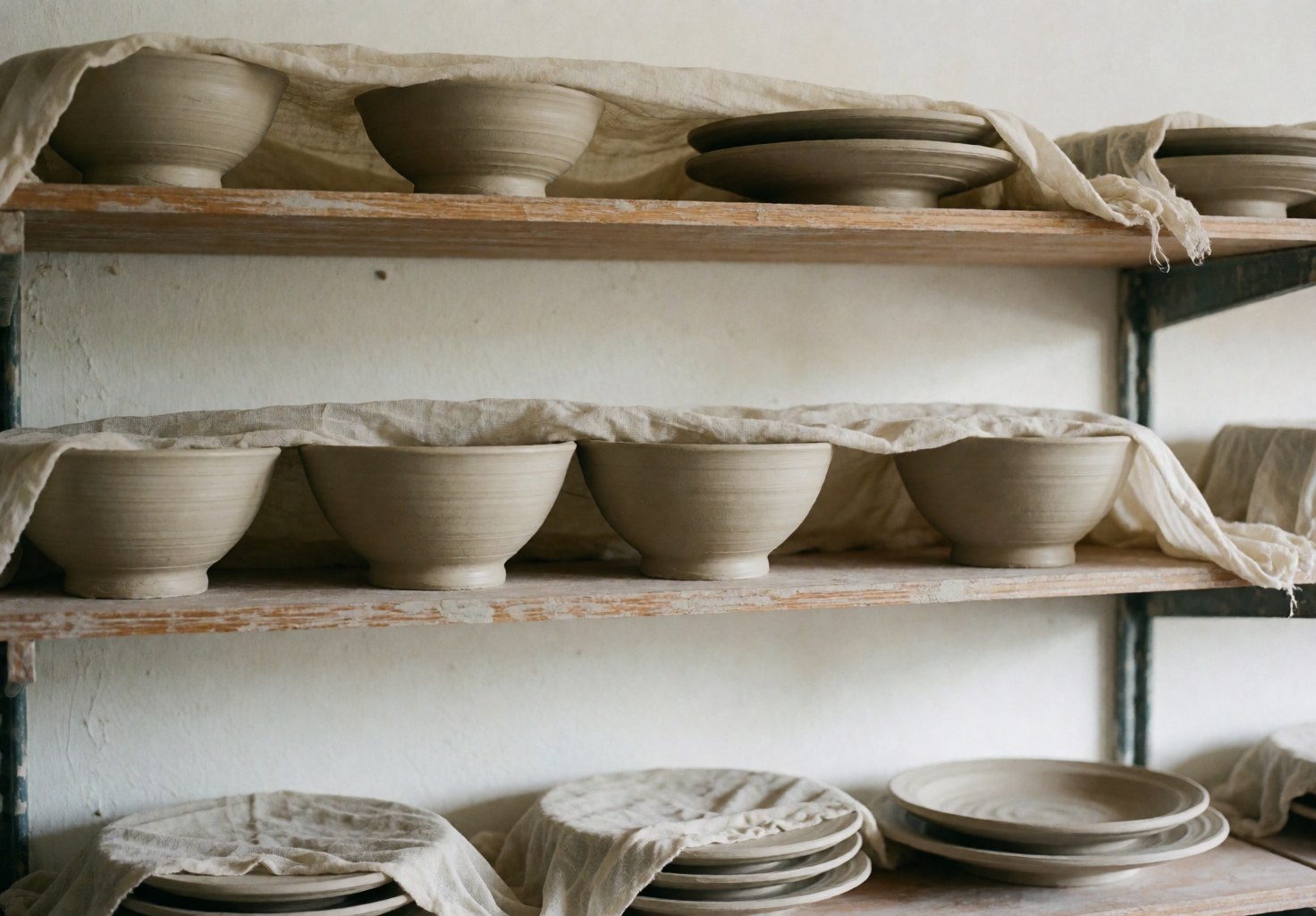 Étagères en bois supportant assiettes et tasses recouvertes de tissu, dans un espace aux murs blancs éclairé par la lumière naturelle.