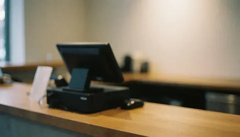 Vue rapprochée de mains reposant sur un comptoir en bois clair, avec une caisse enregistreuse et un écran en arrière-plan flou, évoquant un espace de réception chaleureux et professionnel.