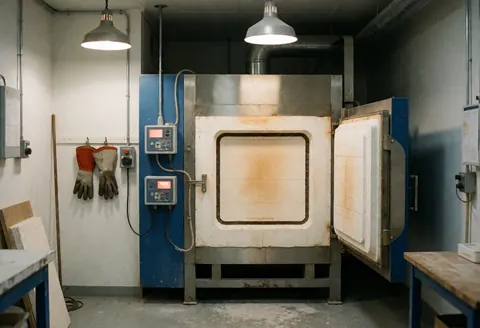 Vue d'une salle de cuisson industrielle propre et professionnelle, équipée de fours pour la cuisson de céramique, sans présence humaine visible.
