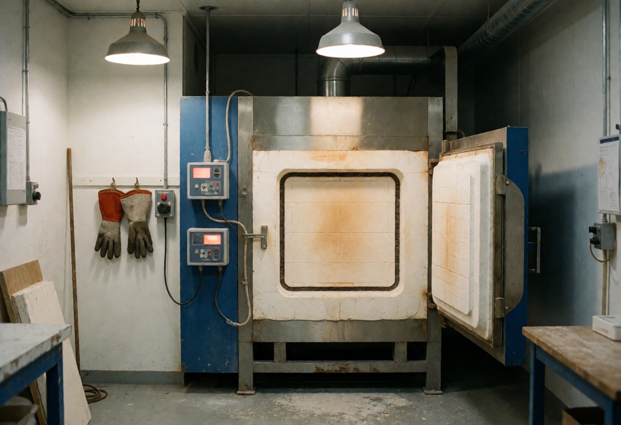 Vue d'une salle de cuisson industrielle propre et professionnelle, équipée de fours pour la cuisson de céramique, sans présence humaine visible.