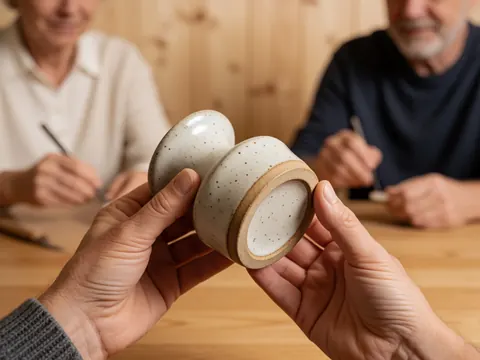 Mains tenant un petit objet en céramique artisanale à base épaisse et texture visible, avec deux artisans travaillant en arrière-plan sur une table en bois clair.