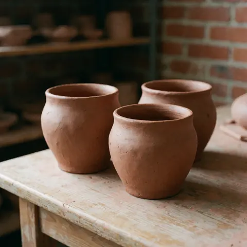 Un vase en argile rouge artisanale posé sur une surface en bois ancien avec des traces de poussière et de barro, éclairé par la lumière naturelle.