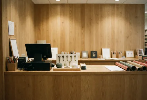 Caisse de vente en bois abritant des pièces de céramique artisanale sur du papier cadeau, créant une ambiance chaleureuse et accueillante pour les clients.