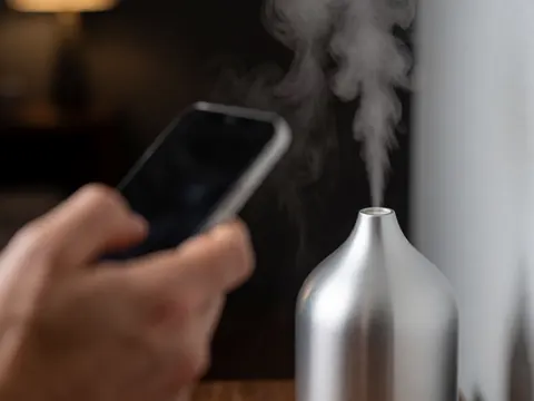 Un diffuseur d'arômes en métal libère un nuage de vapeur blanche dans une pièce aux tons chauds, suggérant détente et bien-être.