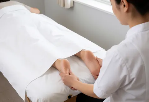 Un professionnel applique un massage de réflexologie sur le pied d'un client allongé sur une table de massage dans un cadre lumineux et apaisant.