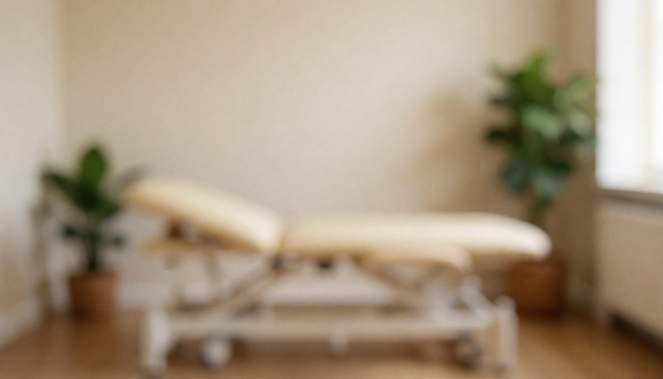 Arrière-plan doux d'une pièce de thérapie avec lit de massage, plantes et lumière chaude, idéal pour textes sur le bien-être et la santé.