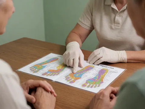Un professionnel en gants indique des points sur un guide de réflexologie posé sur une table en bois devant un mur vert.