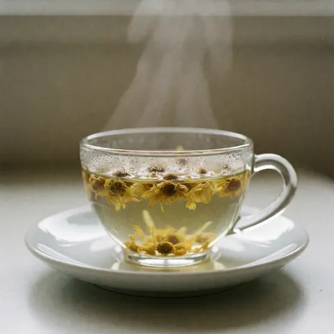 Une tasse de thé à la camomille fumante posée sur une soucoupe blanche, évoquant la détente et le bien-être.