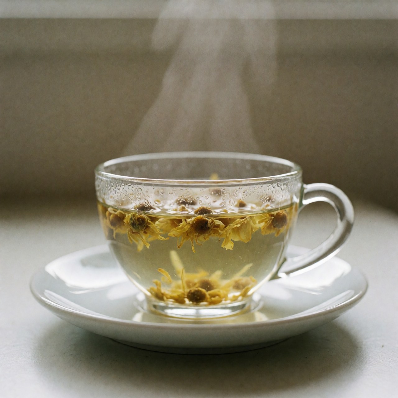 Une tasse de thé à la camomille fumante posée sur une soucoupe blanche, évoquant la détente et le bien-être.
