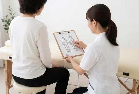Un thérapeute explique les points de réflexologie à un client assis sur une chaise, en utilisant un diagramma sur une planche à dessin dans un environnement professionnel et épuré.