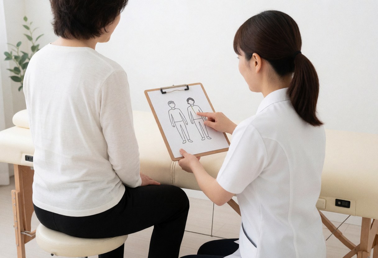 Un thérapeute explique les points de réflexologie à un client assis sur une chaise, en utilisant un diagramma sur une planche à dessin dans un environnement professionnel et épuré.