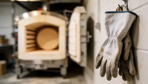 Arrière-plan d'atelier de céramique avec un four à feu et des gants de protection suspendus au mur, idéal pour les textes sur le processus de cuisson.