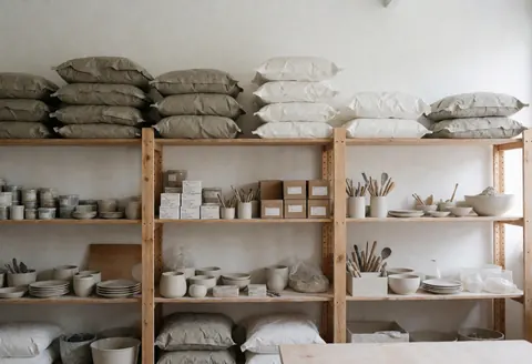 Espace de travail propre et organisé pour la céramique artisanale, doté d'étagères en bois clair, de sacs de terre crue, d'outils et de pièces prêtes à être travaillées sous une lumière naturelle.