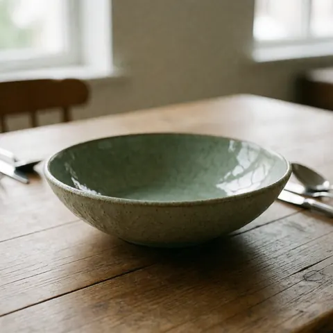 Un bol en céramique verte posé sur une table en bois, contenant une salade fraîche et colorée.