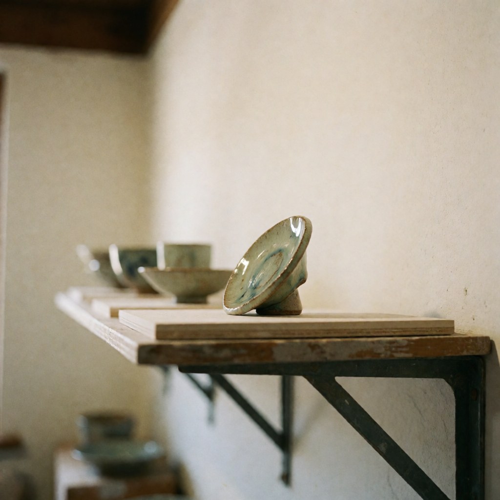 Une pièce de céramique artisanale avec un fini glacé posée sur une étagère en bois, illustrant la qualité du produit final.