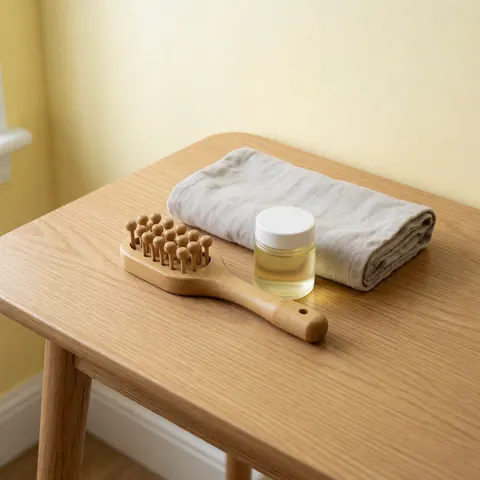 Kit de réflexologie avec outil en bambou, huile bio et serviette grise sur table en bois pâle, mur jaune pastel, ambiance bien-être.