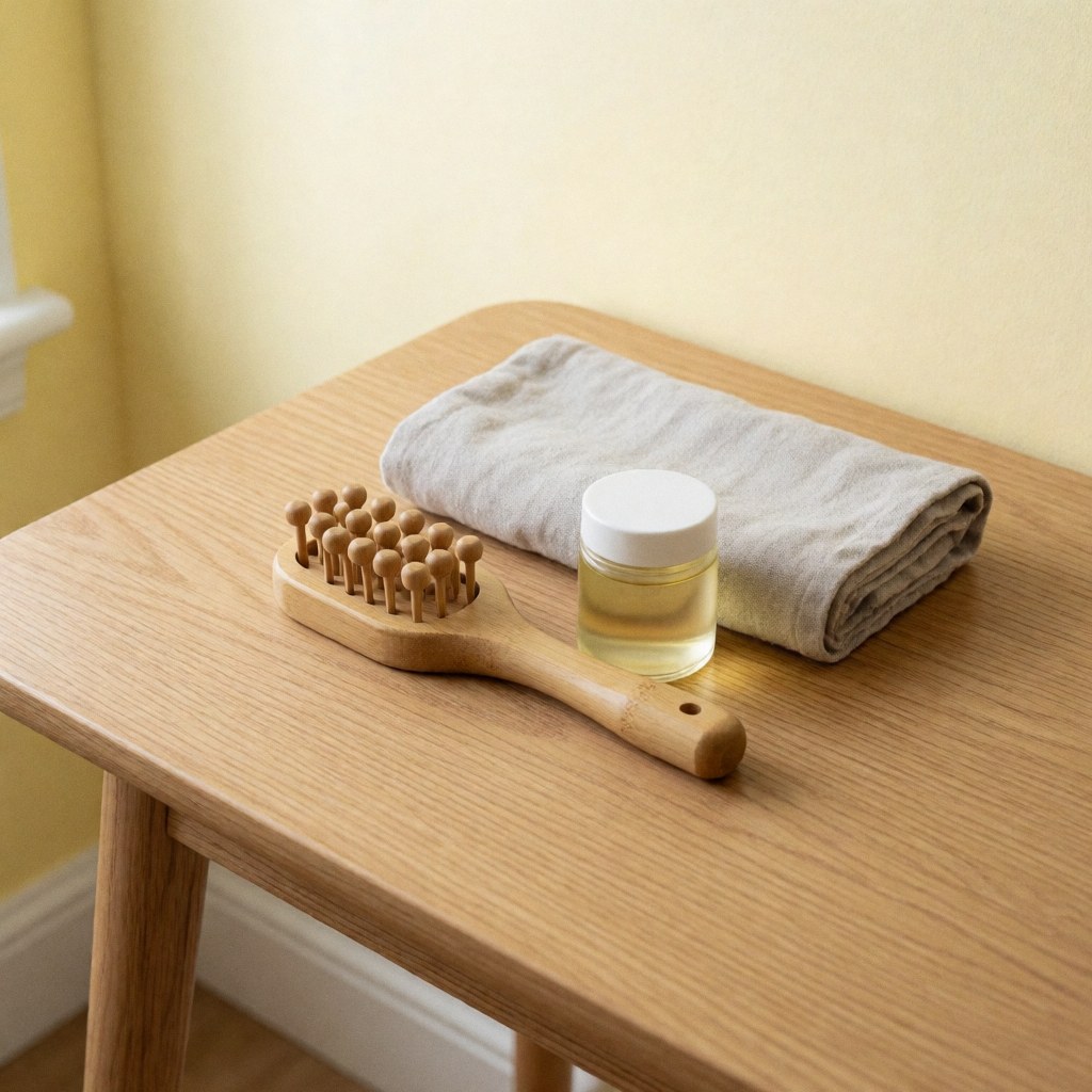 Kit de réflexologie avec outil en bambou, huile bio et serviette grise sur table en bois pâle, mur jaune pastel, ambiance bien-être.