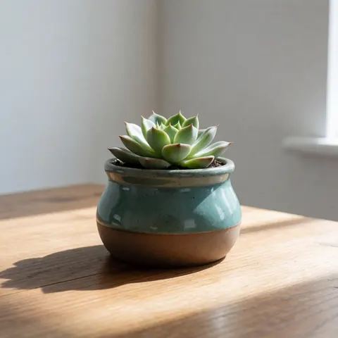 Un pot en céramique artisanal à deux tons gris et bleu teal posé sur une surface en bois clair, éclairé par la lumière naturelle.