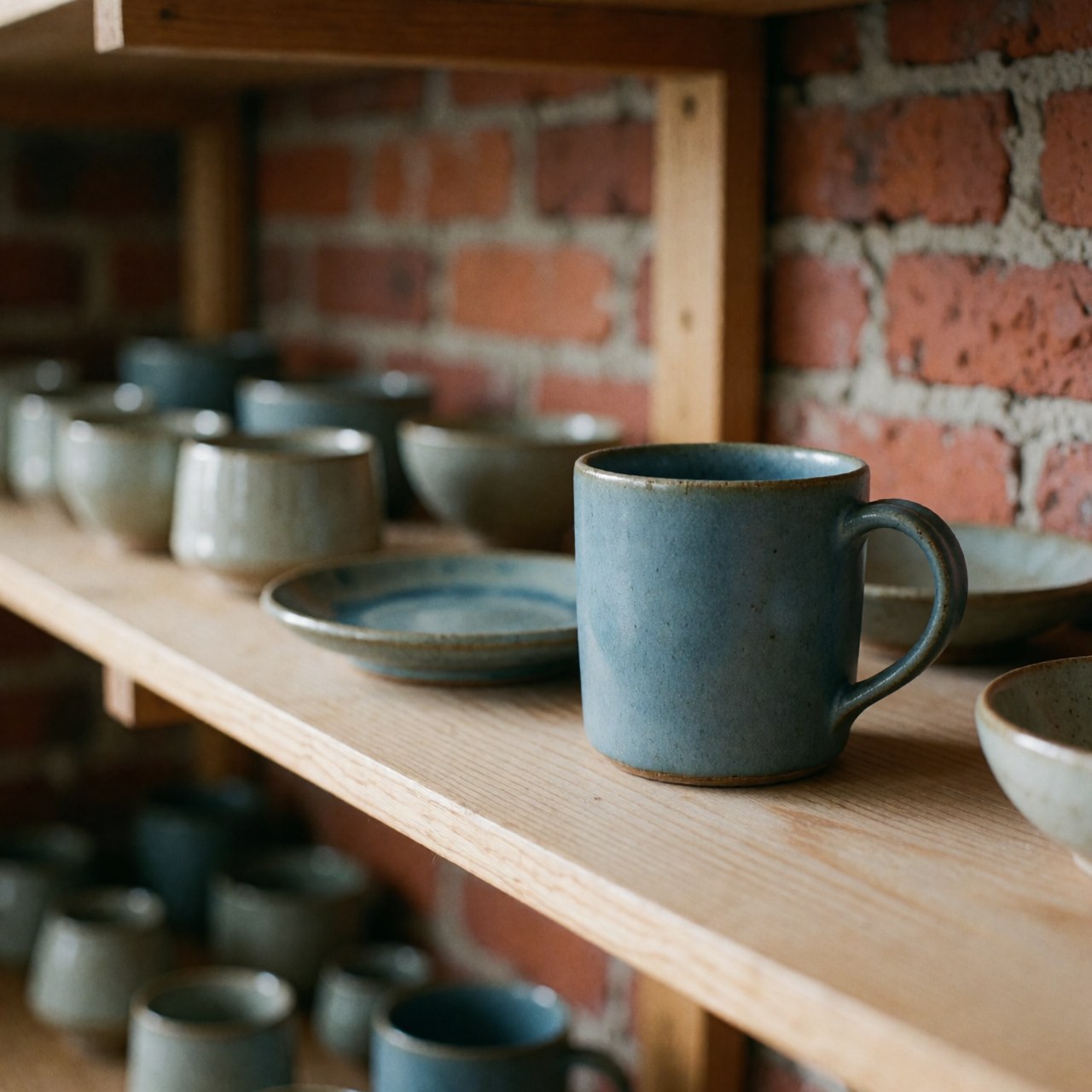 Tasse en céramique bleue mate à glaçage doux posée près d'une petite assiette sur une étagère en bois avec un mur de briques rouges en arrière-plan.