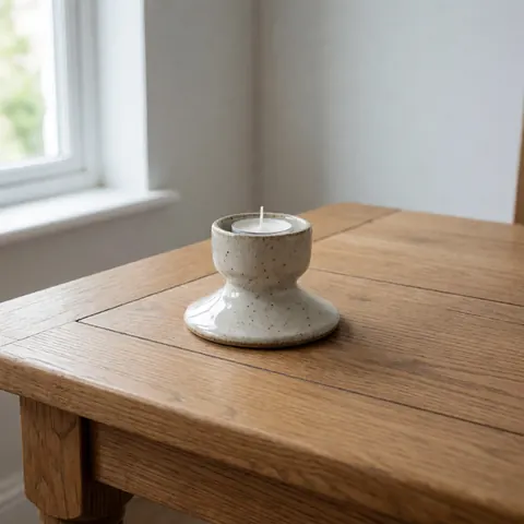 Porte-bougies en céramique artisanale posé sur une table en bois clair près d'une fenêtre laissant entrer la lumière naturelle.