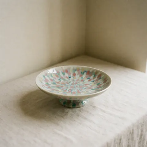 Assiette à dessert en céramique artisanale avec motif de pois et pieds, posée sur une nappe en lin sous une lumière naturelle.