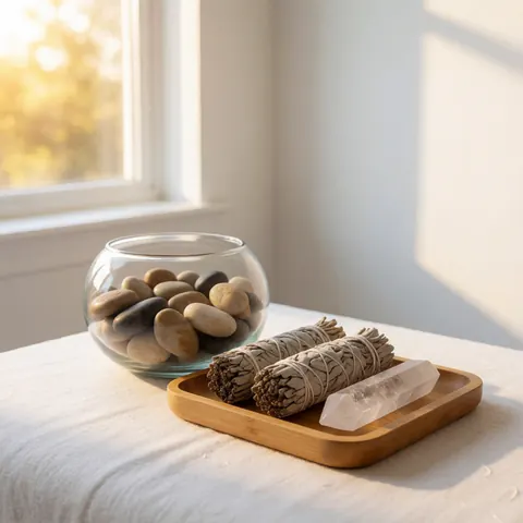 Composition de réflexologie sur table blanche incluant encens, cristaux et pierres sous lumière naturelle pour thérapies bien-être.