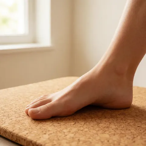 Un pied humain se repose sur un tapis en liège naturel, baigné d'une lumière douce provenant d'une fenêtre, dans un intérieur aux murs clairs.