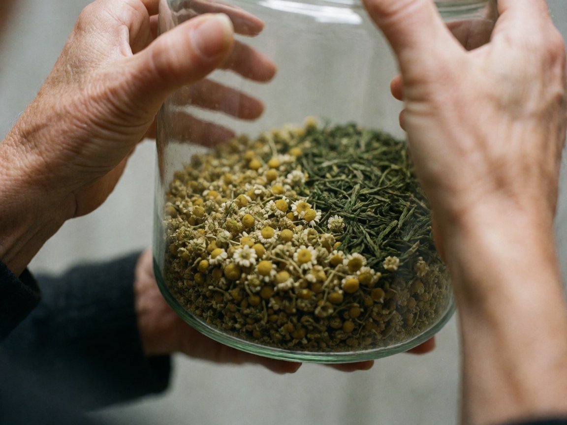 Jarre en verre contenant des herbes sèches et des ingrédients naturels pour le thé, posée sur une surface intérieure avec un fond flou.
