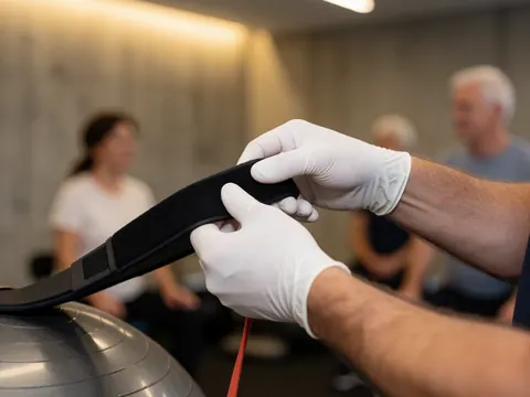 Un professionnel en train d'ajuster une bande élastique autour du pied d'un patient pour un exercice de rééducation et de renforcement musculaire.