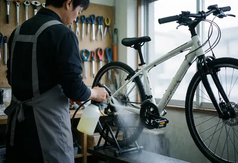 Un mécanicien professionnel utilise un dégraissant pour nettoyer minutieusement la chaîne sale d'un vélo blanc dans son atelier.