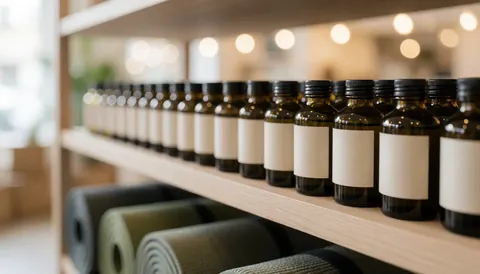 Arrière-plan professionnel flou montrant une étagère avec des bouteilles d'huile, des couvertures de yoga et des lumières chaudes pour textes ou présentation commerciale.