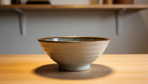 Bol en céramique artisanale avec glaçage intérieur posé sur une table en bois, fond d'étagère flou, éclairage chaud et naturel.