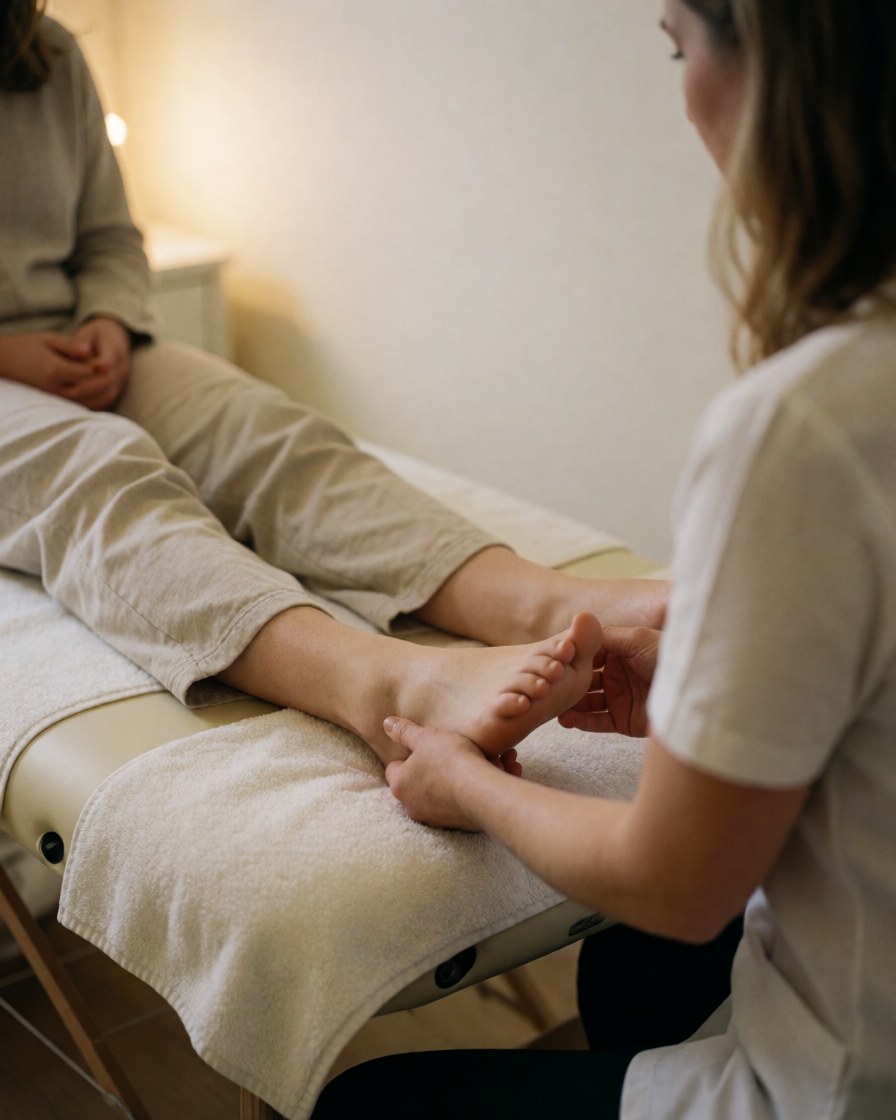 Une cliente allongée sur une table de traitement recouverte d'un drap blanc, bénéficiant d'une séance de massage des pieds dans un cadre relaxant.