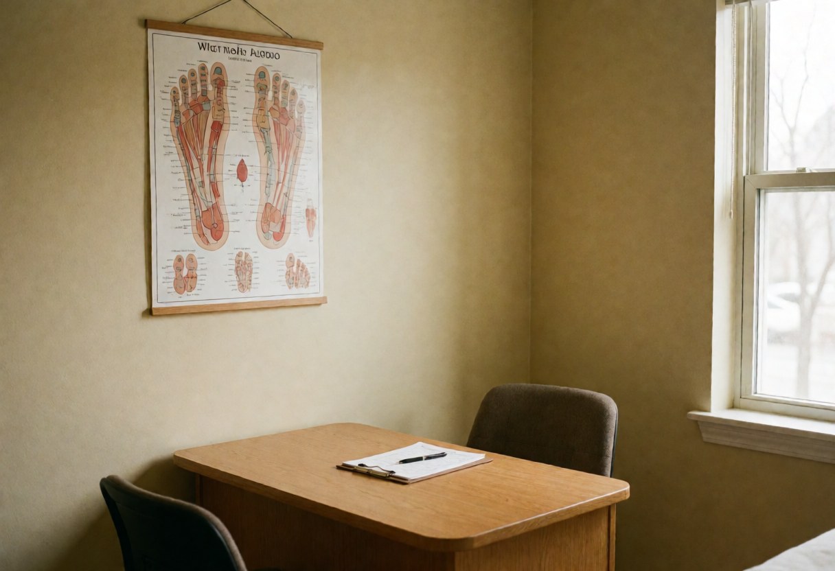 Salle de reflexologie équipée d'un tableau des points de pression, d'une table en bois, de chaises et baignée de lumière naturelle. Espace propre, ordonné et professionnel.