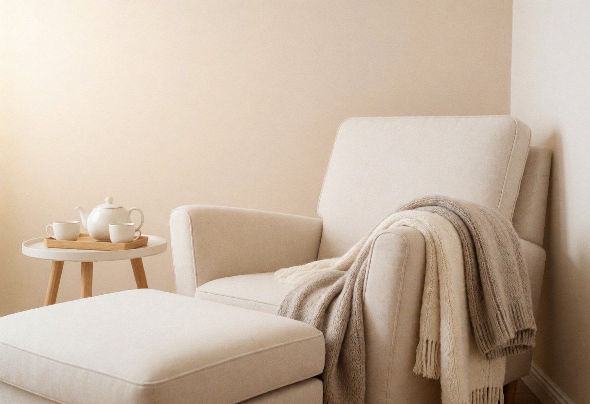 Un espace détente intérieur avec une théière, une tasse, une couverture et des rideaux près d'une fenêtre laissant entrer la lumière naturelle.
