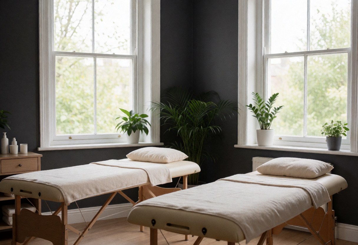 Vue d'une salle de traitement inoccupée équipée d'un lit de massage, éclairée par la lumière naturelle entrant par les fenêtres.
