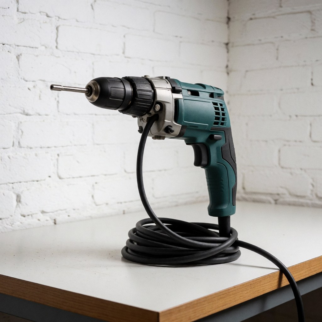 Perceuse électrique réparée posée sur une surface blanche avec un fond vert, symbole de maintenance professionnelle et de bricolage.