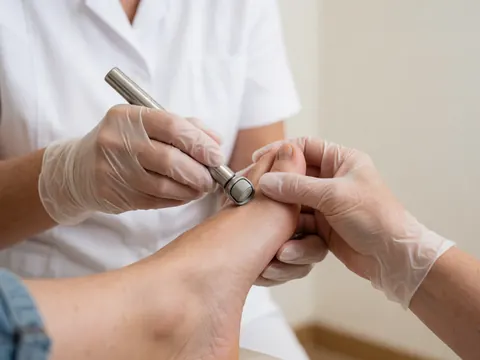 Podologue avec des gants appliquant un outil rotatif pour enlever les callosités sur le pied d'un patient, fond blanc et clinique.