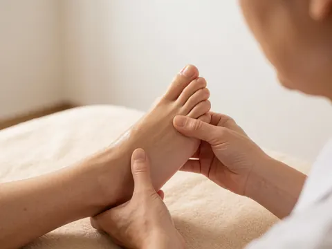 Une main professionnelle effectue un massage sur un pied huilé posé sur un tissu beige, dans une ambiance relaxante et éclairage doux.